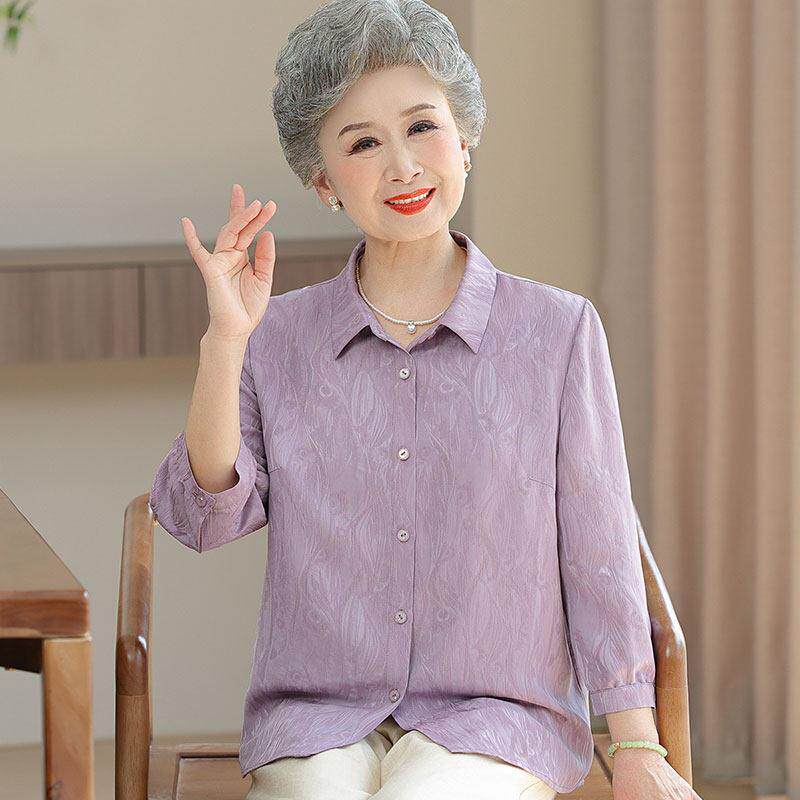 大码中老年人奶奶夏装桑蚕丝翻领衬衫女开衫两件套纯色真丝上衣薄