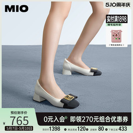 MIO米奥通勤浅口鞋方头粗跟小皮鞋字母高跟舒适单鞋女鞋低帮鞋