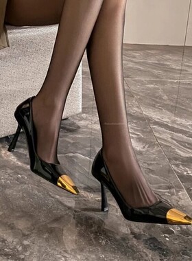 香港方头性感细跟单鞋女2025春秋新款黑色真皮百搭一脚蹬高跟鞋