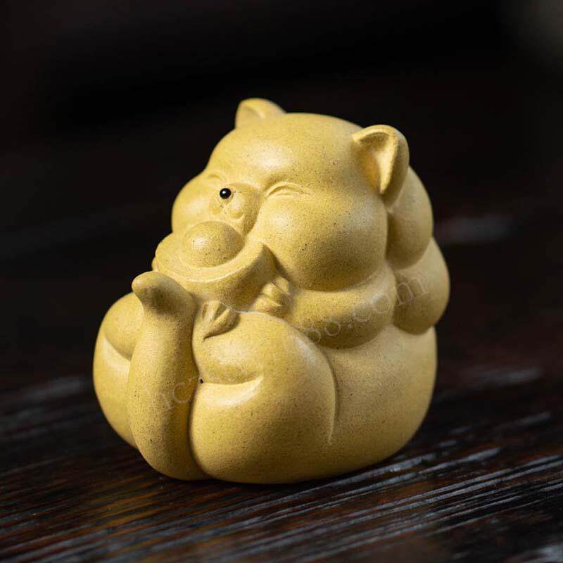 紫砂茶宠猫小摆件创意手工茶道招财猫元宝猫茶具配件装饰陶瓷