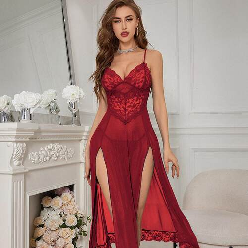 Sexy lingerie, sexy women's suspender long slit nightgow