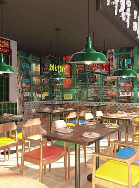 港式复古工业风墨绿色创意个性火锅店餐饮店饭店怀旧红色灯罩吊灯