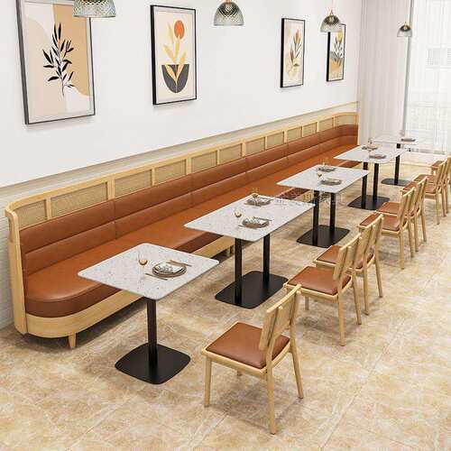 西餐厅卡座沙发水磨石桌藤编椅商用饭店靠墙饮JMS298餐厅桌椅餐组
