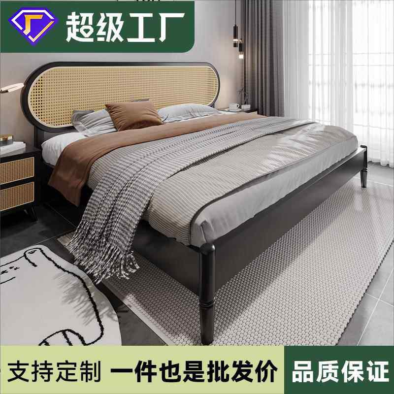 现代简约藤编床实木床主卧室1米2单人床轻奢黑白色1.8米公寓木床