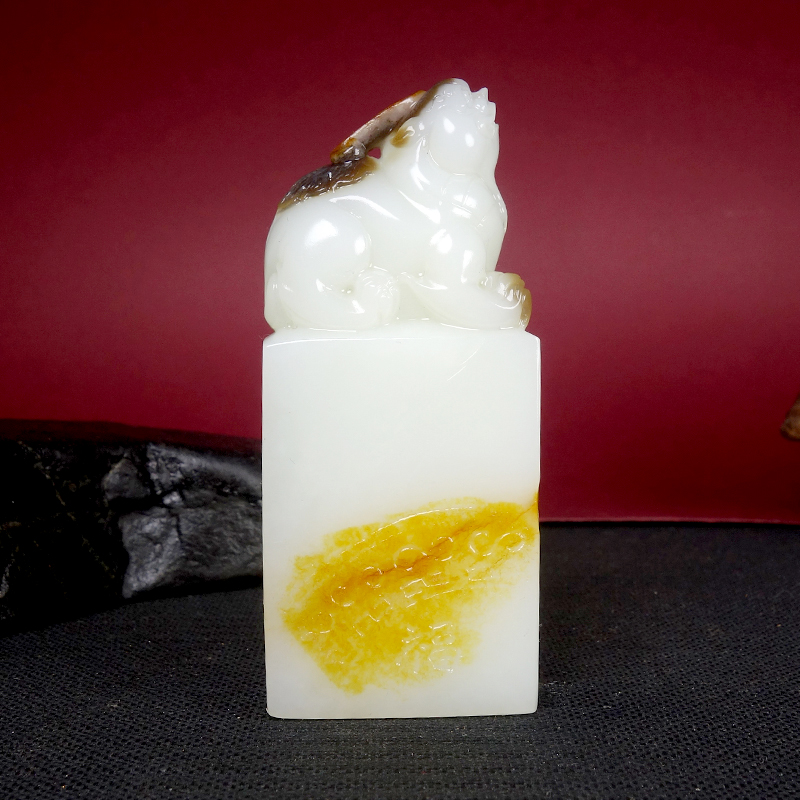 C收藏级新疆和田玉羊脂白玉籽料四色料黄沁皮毛孔印章151.2144g