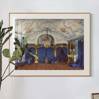 欧式复古宫殿装饰画法式风餐厅玄关美式壁画客厅蓝色冬宫建筑挂画