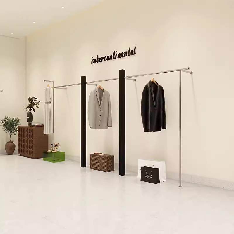 服装店展示架陈列架不锈钢上墙落地式挂衣架烤漆黑色男女装店货架