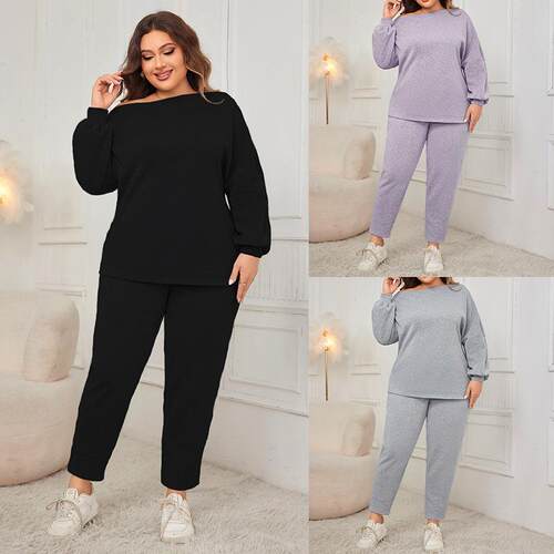 Off shoulder plus size pants set, single long sleeved