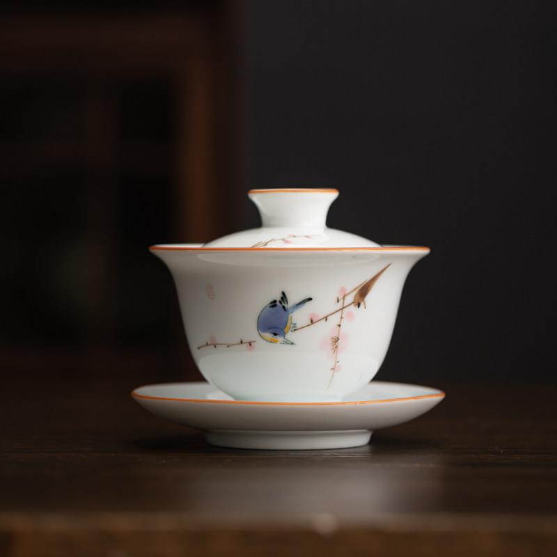 手绘白瓷盖碗茶杯功夫茶具单个三才泡茶碗手工釉上彩花鸟敬茶茶杯