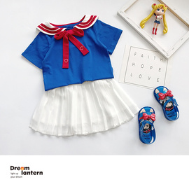 女童海军风套装裙夏季短袖，上衣洋气日系学院，儿童雪纺半身裙两件套