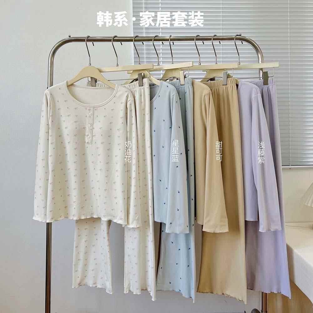 带胸垫印花家居服套装半开领长袖上衣休闲长裤可外穿睡衣两件套