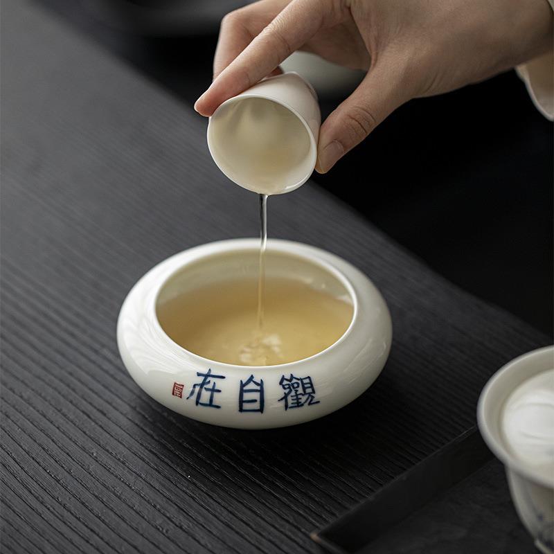 墨己 粉青手写青花小建水 茶具配件废水缸 茶道花艺盆 陶瓷多用盘