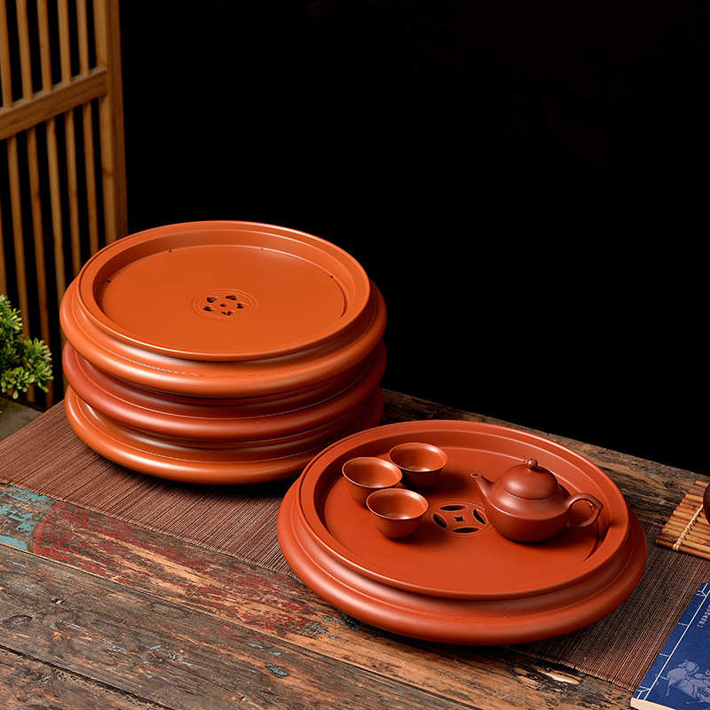 大师纯手工手拉12英寸紫砂朱泥圆形家用茶盘储水式干泡台大号茶船