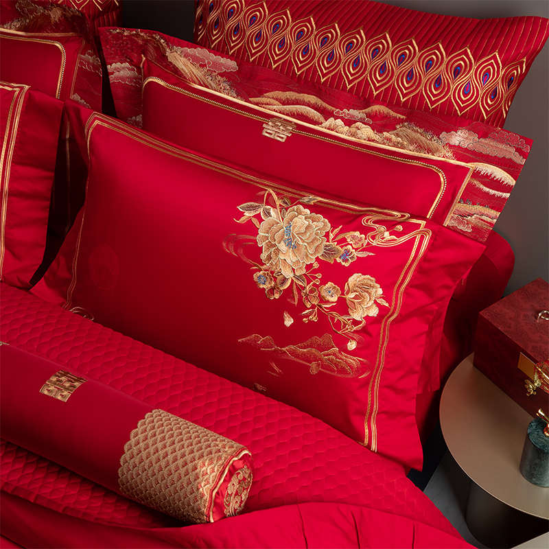 高档新中式婚庆床上用品四件套大红色床单刺绣喜庆被套结婚十件套