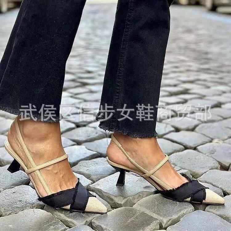 508尖头拼色镂空细跟搭扣女鞋34-43大码鞋