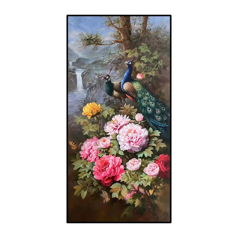 双孔雀花开富贵图玄关装饰画手绘油画新中式牡丹花客厅挂画寓意好