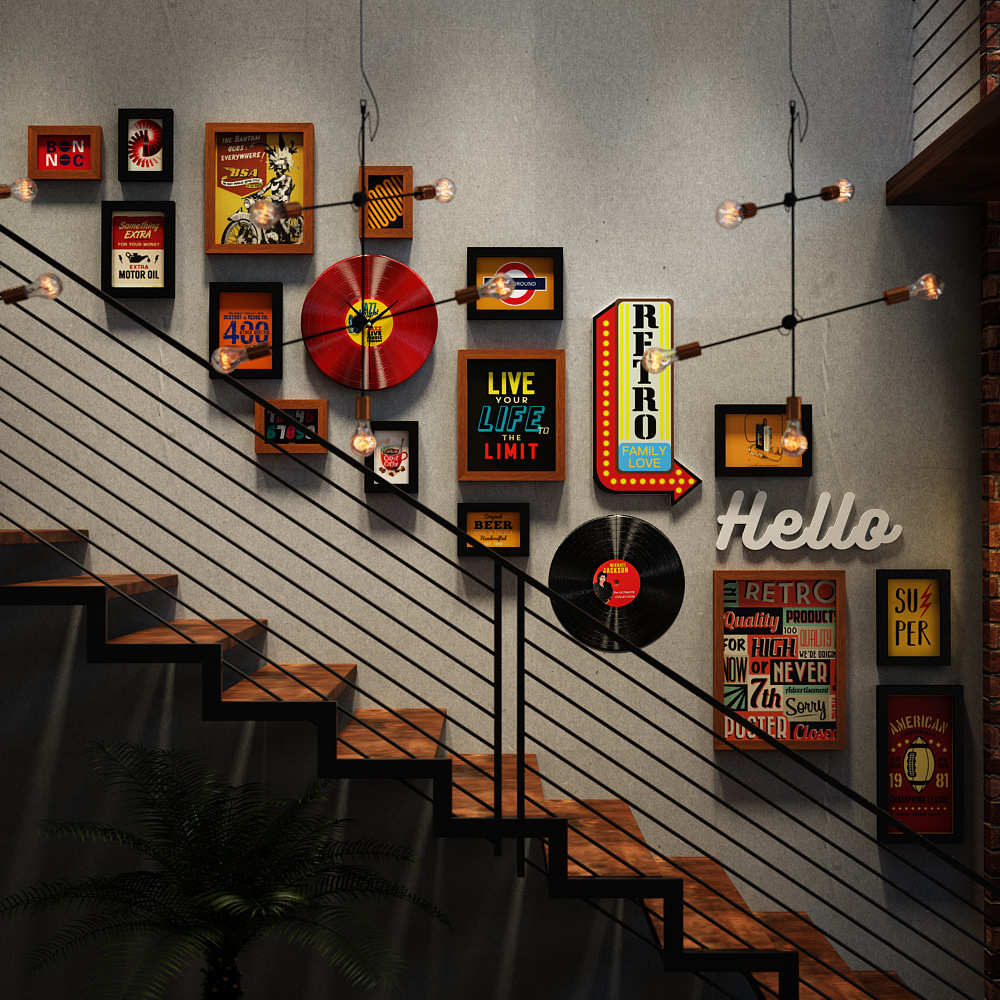 _架画框风楼梯钟表4374高分子装饰挂画组合照片墙相框_批发墙工业