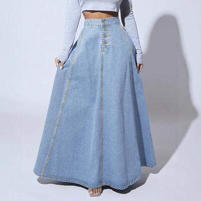 Womens Casual Women Stretch Mid Rise Long Denim Skirt Button