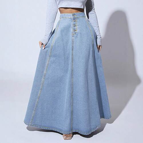 Women Casual Stretch Mid Rise Skirt Button Streetwear Line