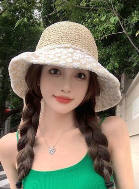 日系小清新花朵蕾丝夏季出游海边度假百搭赫本风遮阳帽草编帽子女