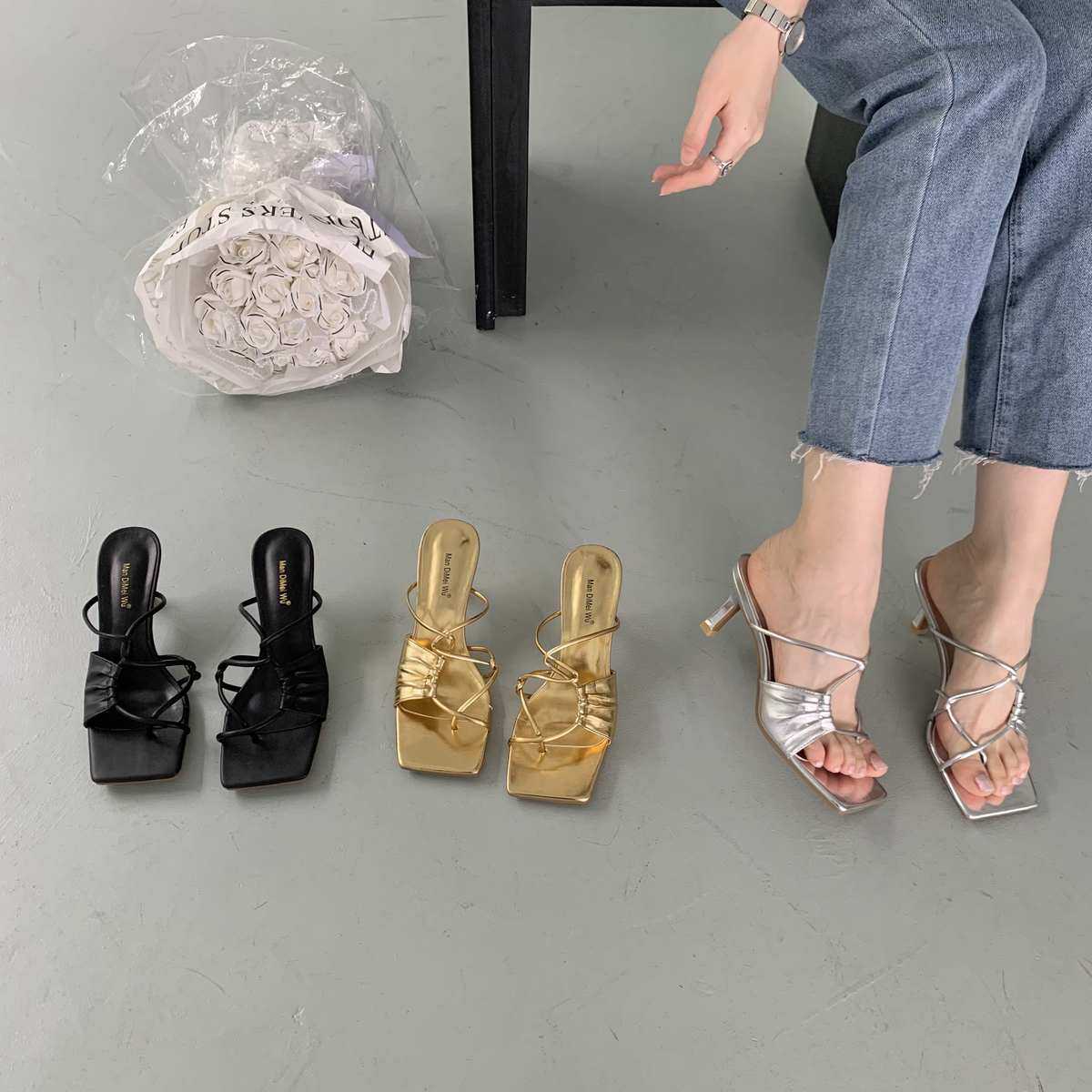 2023年夏季新款设计感交叉细带镂空方头细跟中跟拖鞋高跟凉拖女鞋,女鞋,一字拖,淘宝优惠券,粉丝福利购,淘宝优惠卷