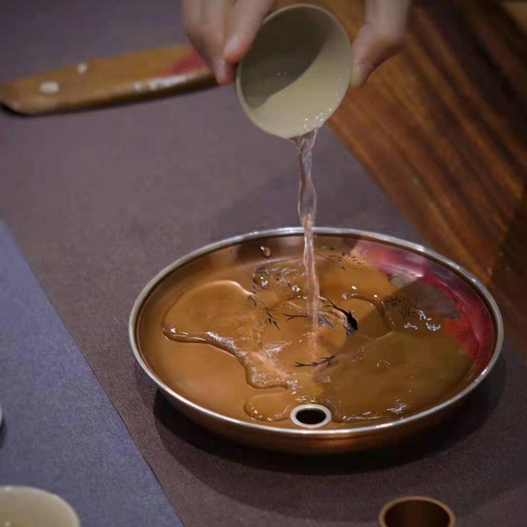 托式手工复古圆壶形紫铜日壶承干泡茶台小盘储水茶盘养鱼戏栖鸟垫