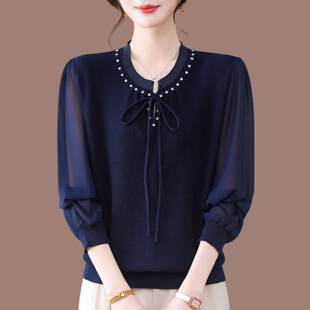 春装圆领蕾丝钉珠纱袖针织打底衫女2026新款洋气冰丝长袖T恤上衣