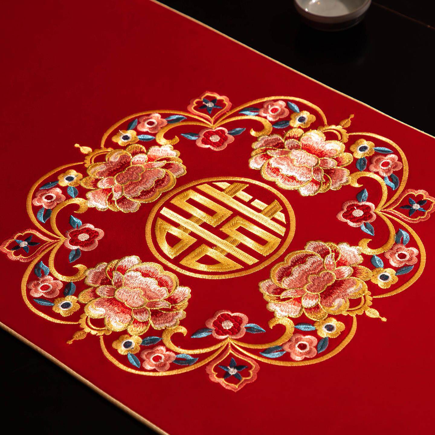 红色婚桌旗HMZQ_10新中式结婚庆喜茶几桌字布订婚刺绣茶餐席桌茶