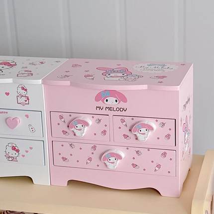 Hellokitty木质首饰盒收纳盒耳钉项链饰品黄金带镜桌面化妆盒可爱