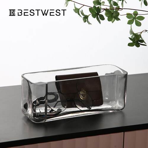 Best west 创意方形透明玻璃收纳摆件家居客厅卧室桌面装饰品轻奢