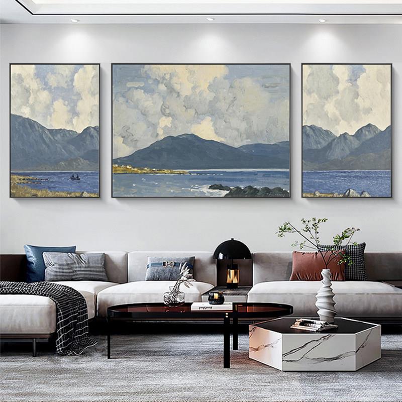 北欧风格客厅装饰画 现代简约三联山水画 沙发背景抽象画 防水布