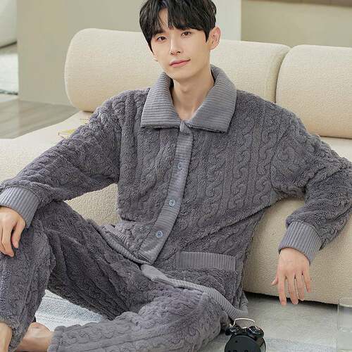 长袖开衫25新款睡衣男冬可外穿珊瑚绒加厚法兰绒家居服加厚保暖