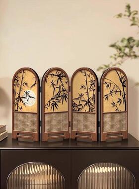 小屏风摆件中古风竹子新款桌面摆台画 画折叠折屏高级感电视柜装