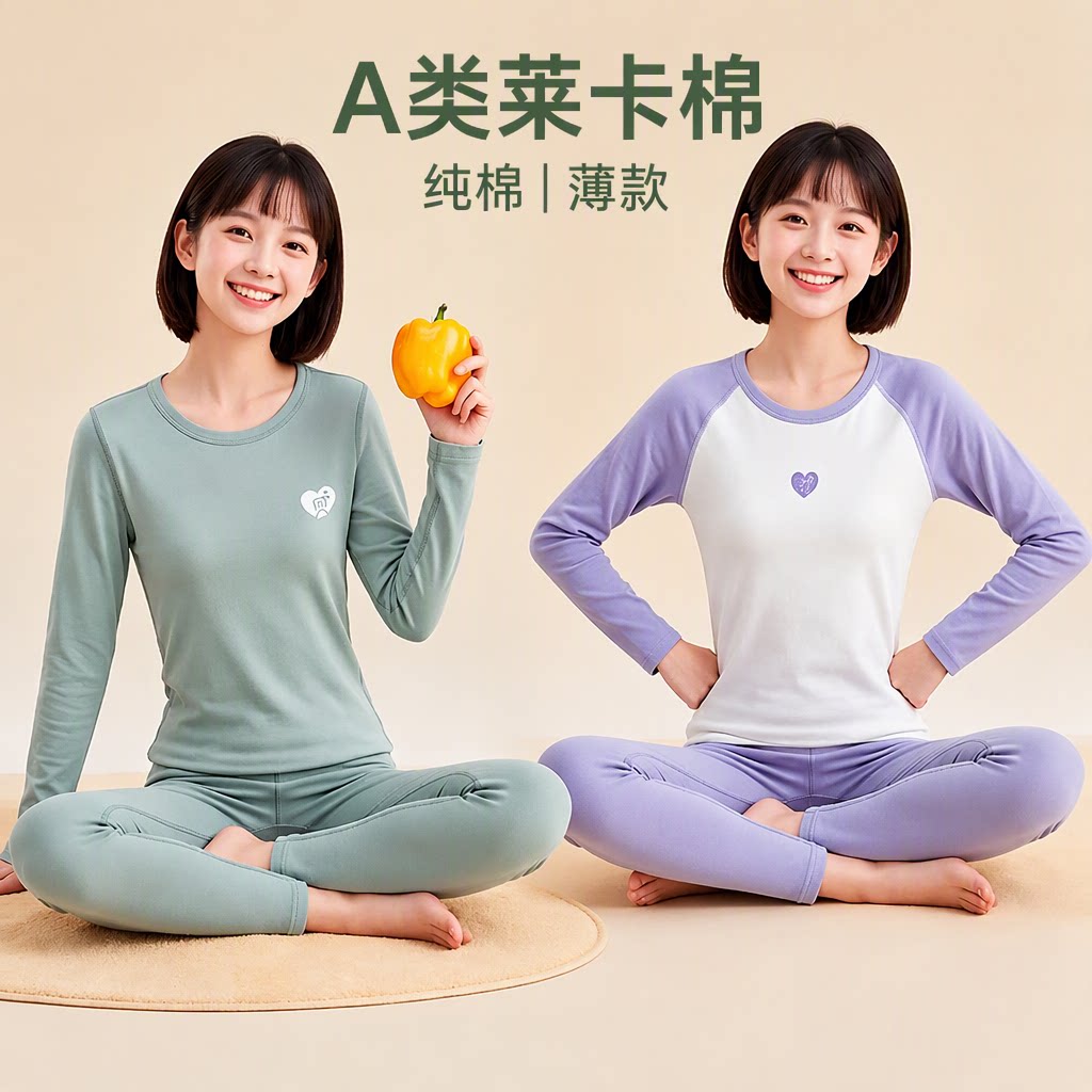 女大童秋衣秋裤A类莱卡棉初中高中学生少女纯棉薄款圆领内衣套装