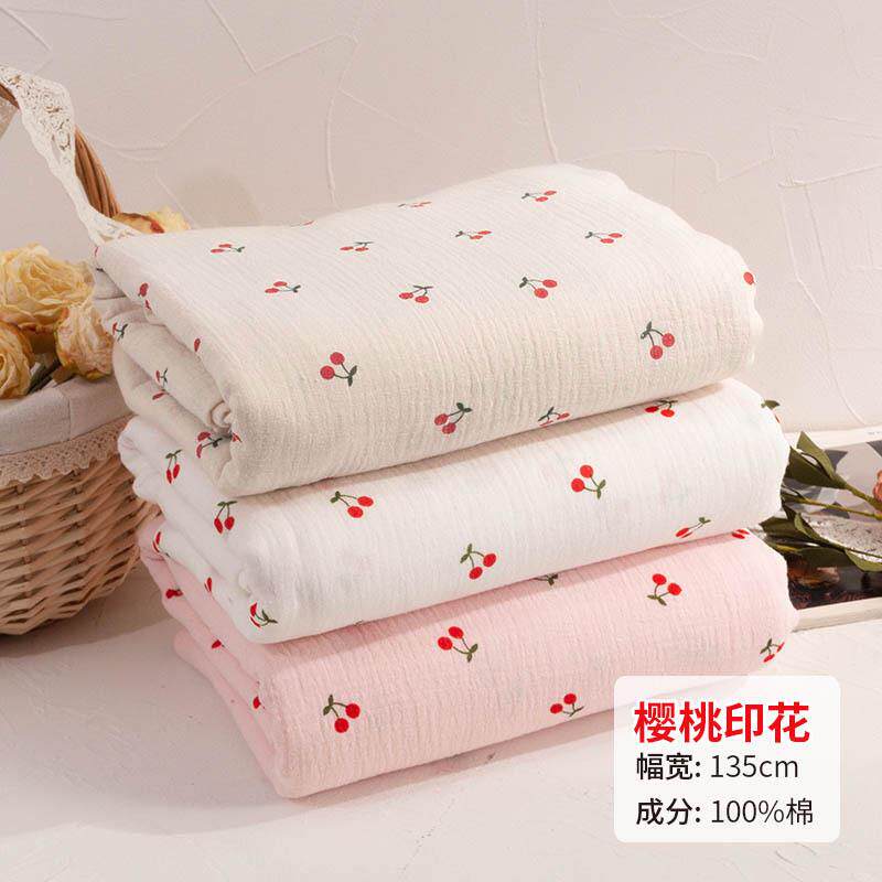 纯棉双层纱布 泡泡纱布料褶皱肌理面料家居服棉绉布印花 睡衣面料
