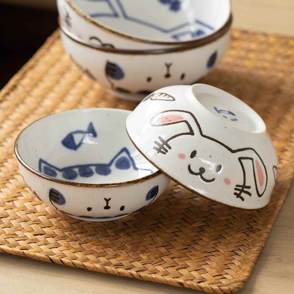 日本进口美浓烧可爱兔子猫咪陶瓷圆碗日式米饭碗家用装菜碗汤碗