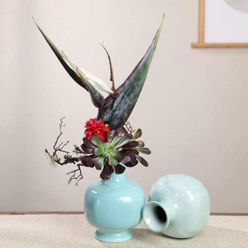 小原流豆青瓶 花瓶花器瓶花文人调投入花中式日式花道插花 送底座