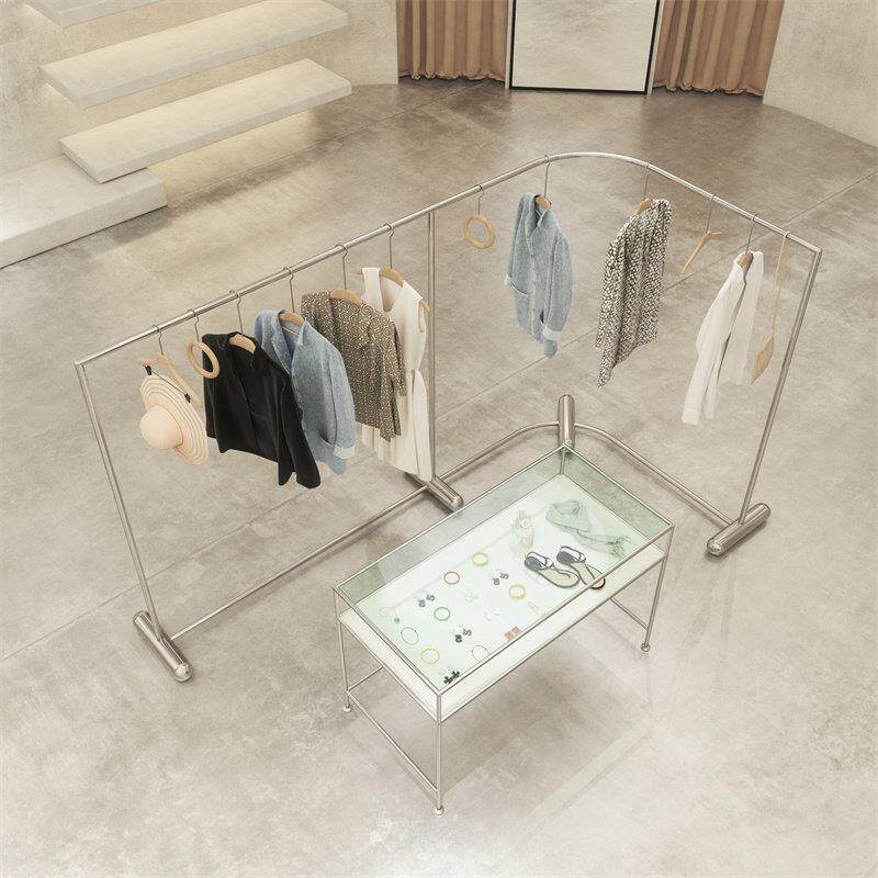 服装店展示架创意弧形不锈钢拉丝银中岛架男女装店侧挂架陈列道具
