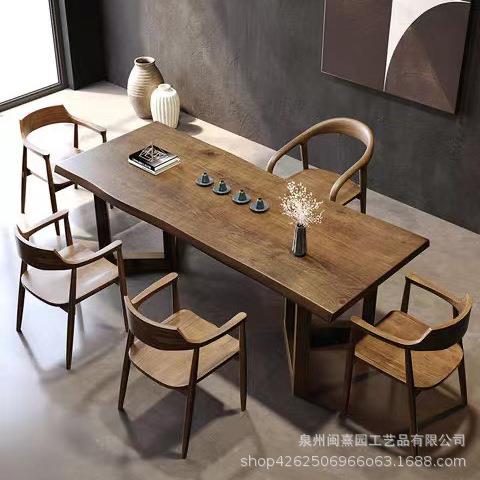 新中式客厅原木阳台泡茶桌子实木复古喝茶桌椅组合胡桃色大板茶台
