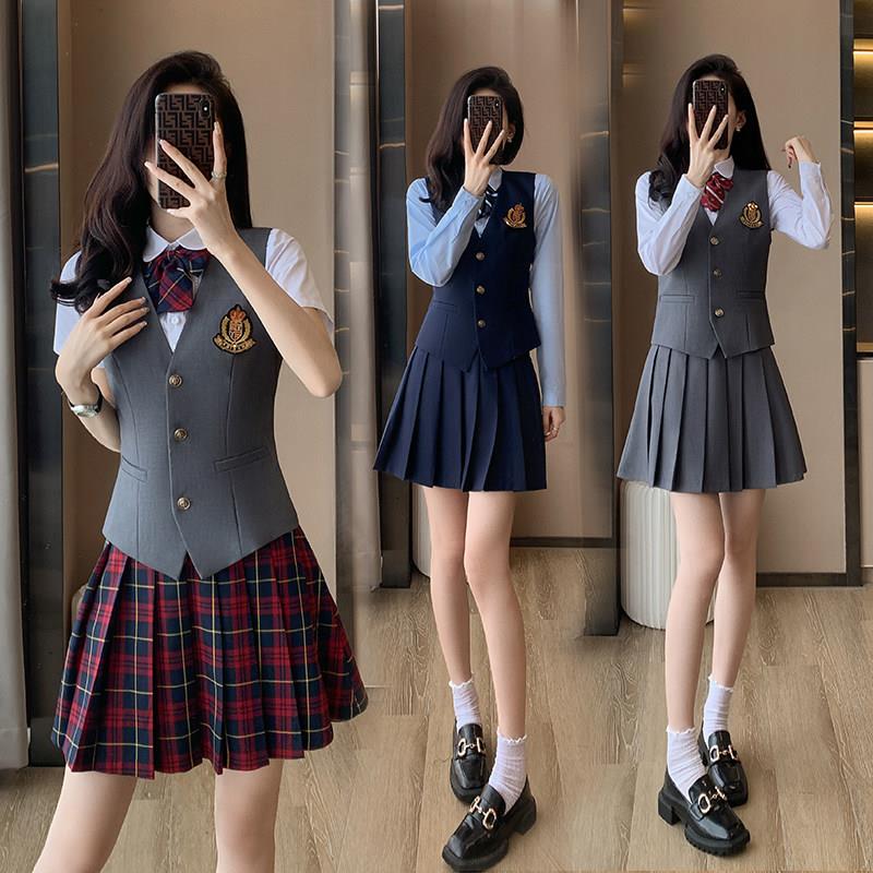 日系学院风英伦制服校园班服幼师会所工作服马甲百褶裙套装