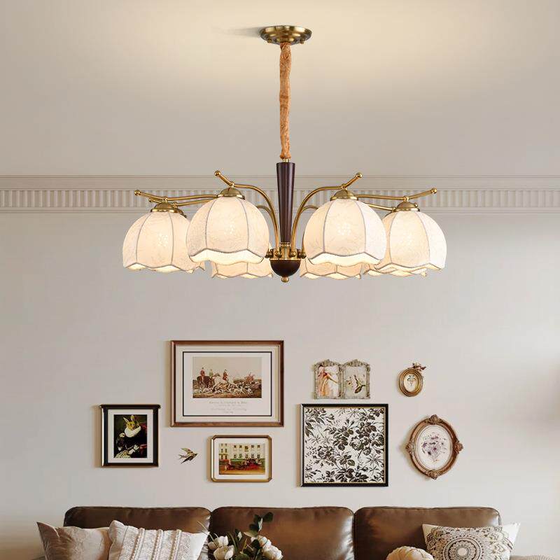 护眼法式中古客厅创意实木铃兰布艺花朵卧室灯古典复古民宿吊灯