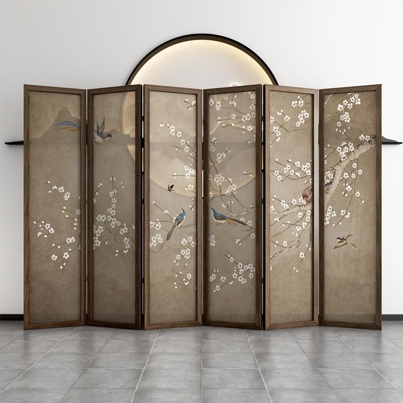 实木屏风隔断客厅折叠移动新中式办公室餐厅茶室卧室遮挡家用花鸟