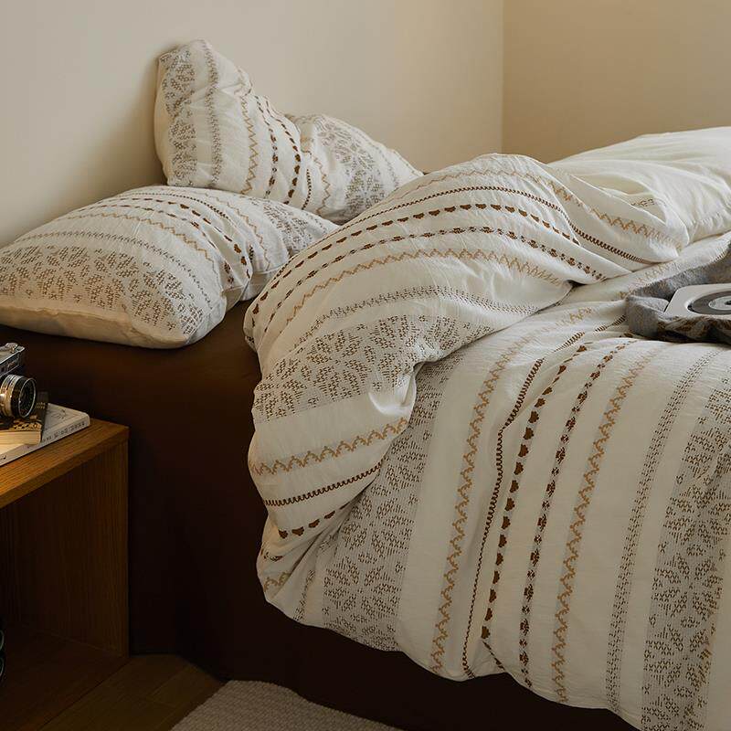 轻奢风色织提花纯棉四件套全棉床单被套简约民宿床笠款床上床品