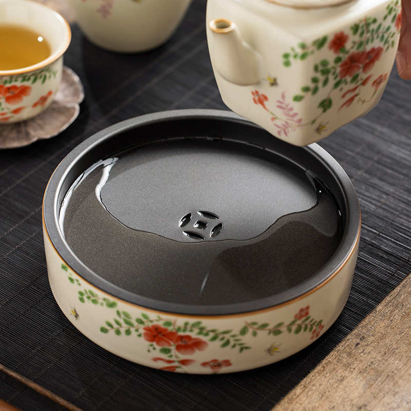 汝窑大红花中式复古陶瓷壶承高端盖碗茶杯圆形壶托可蓄水式干泡台