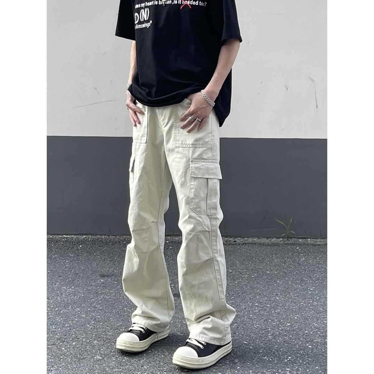 LEFT7 多口袋米白色工装裤男美式潮牌机能直筒高级感垂感阔腿长裤