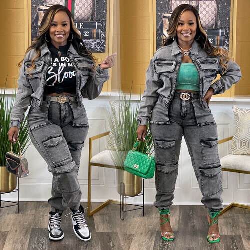 Women'S Clothing Sets Multi Pockets Denim Pants Outfit