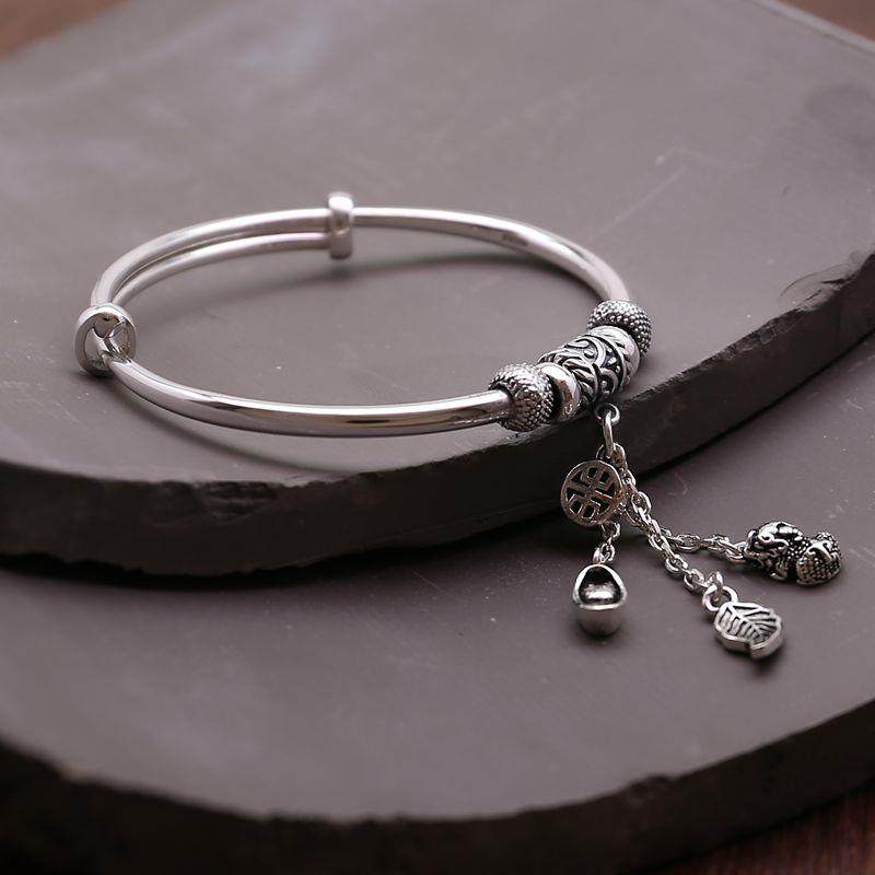 正品9999足银手镯覆古拉纯银流苏款貅福袋叶子吊坠貔推银镯子女女