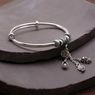 高档99貔99女足银手镯复古纯银流吊苏款貅福袋叶子坠推拉银镯子女