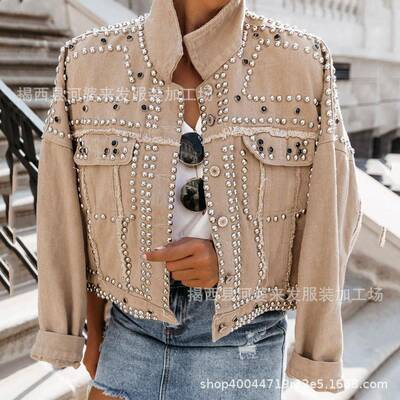 Women Sleeve Rivet Studded Jacket Distressed Button Jean