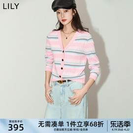 lily2024夏女装(夏女装)设计感撞色条纹气质修身短款针织开衫外套上衣